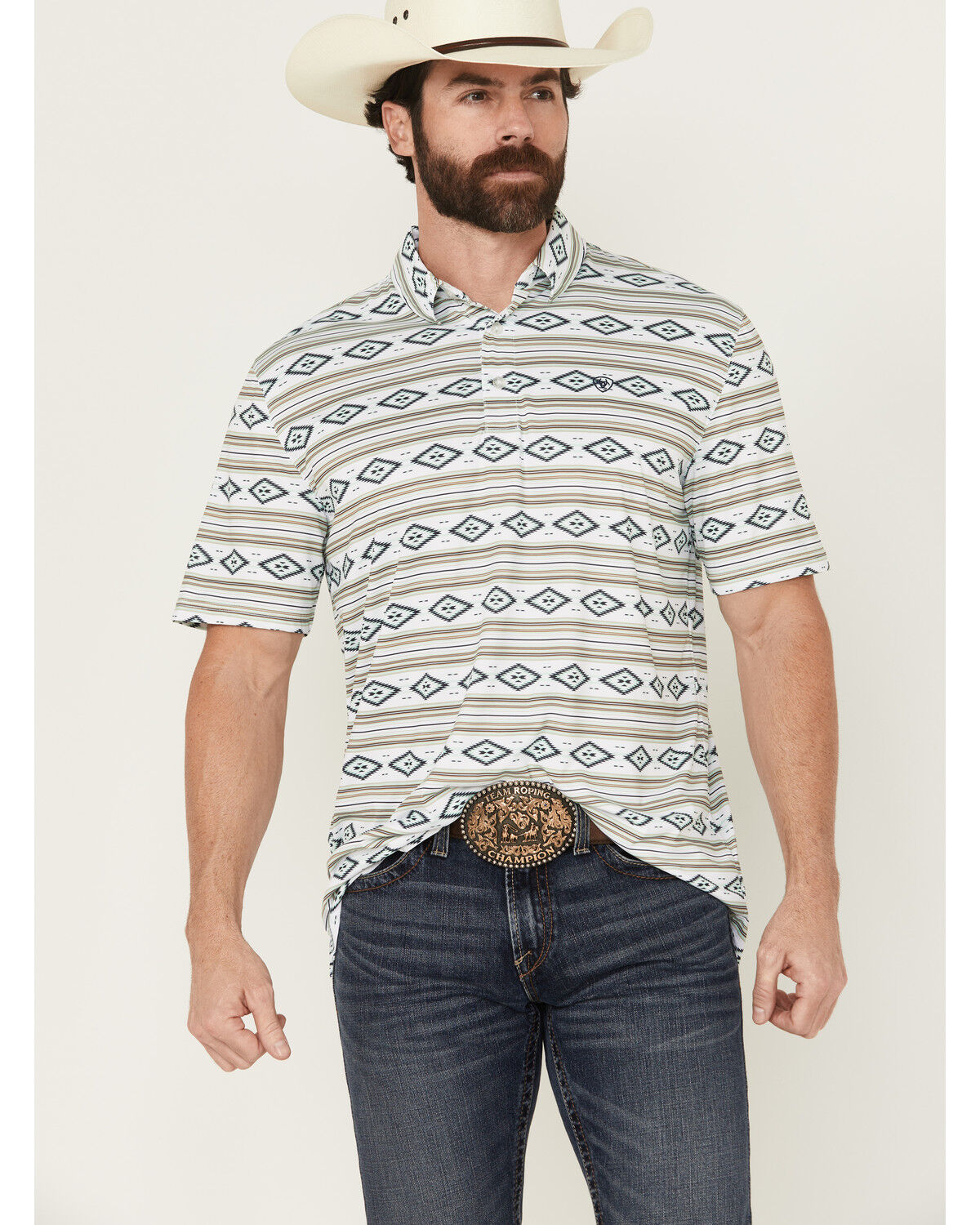 Image #1 - Ariat Men's Southwestern Striped Short Sleeve Performance Polo, , hi-res