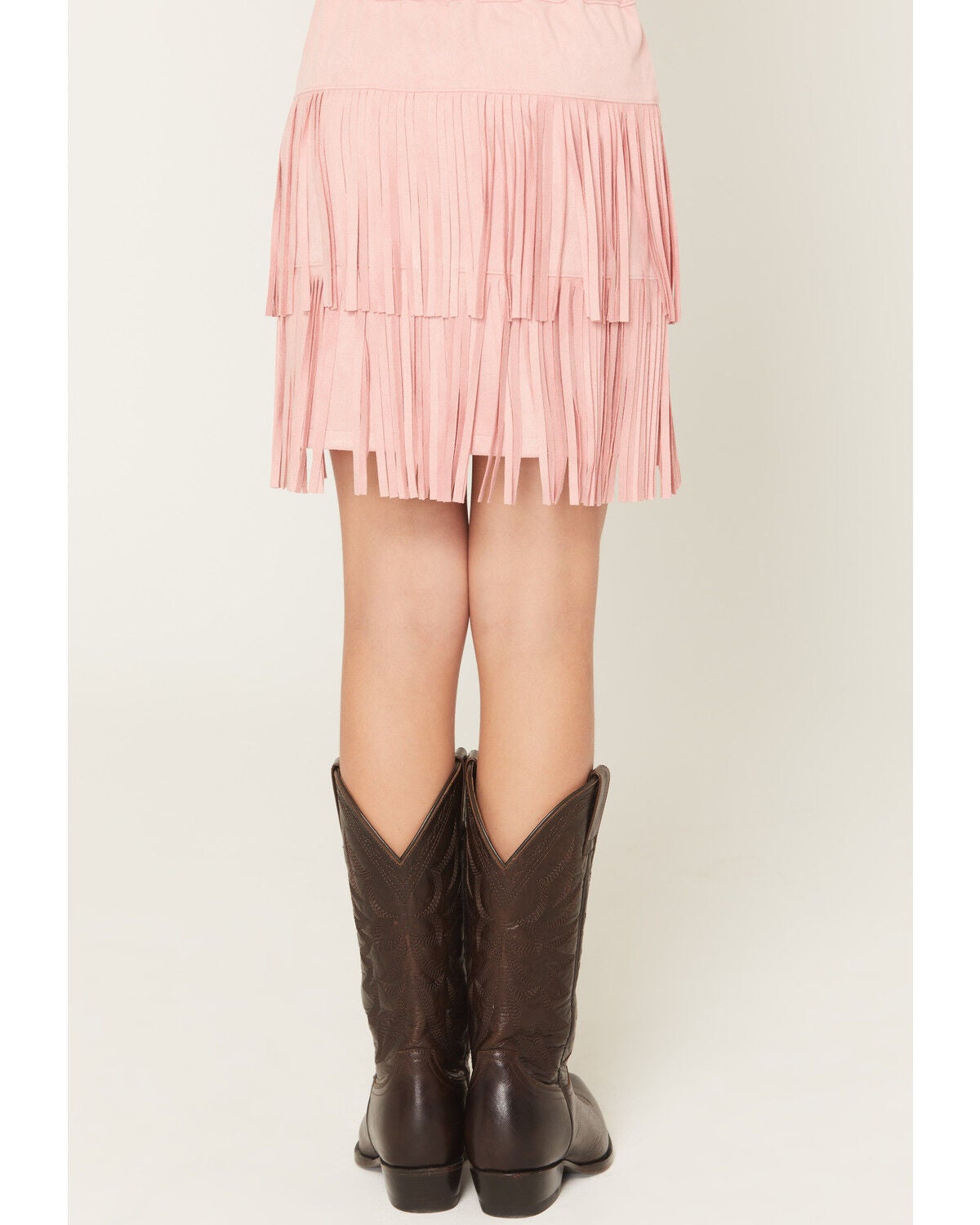 Image #4 - Shyanne Girls' Faux Suede Studded Fringe Mini Skirt, Pink, hi-res