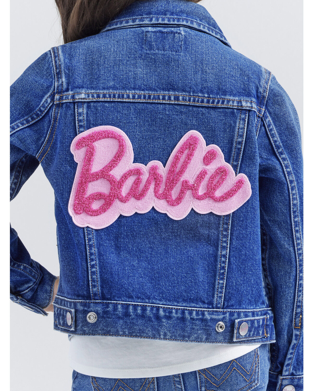 Image #7 - Wrangler® X Barbie™ Girls' Medium Wash Zip-Up Logo Denim Jacket, , hi-res