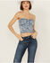 Image #1 - Vibrant Denim Women's Medium Wash Button Up Floral Corset, Medium Wash, hi-res