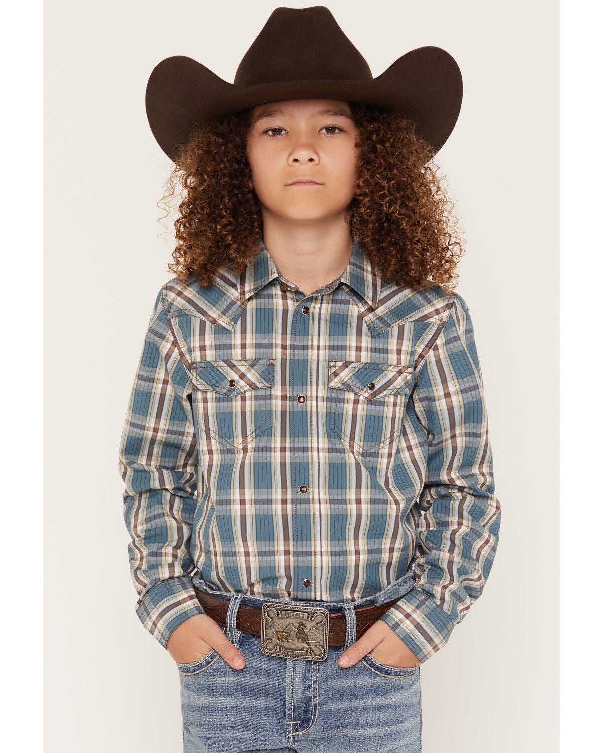 Image #1 - Cody James Boys' Niagra Falls Plaid Print Long Sleeve Snap Western Shirt, Blue, hi-res