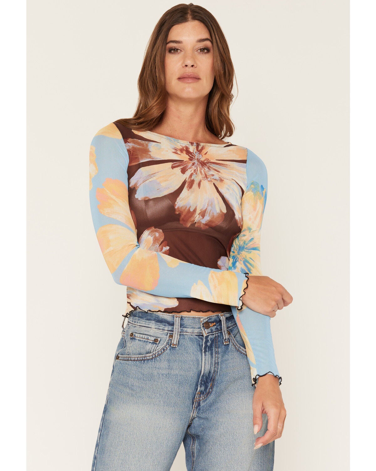 Image #1 - Wild Moss Women's Floral Print Long Sleeve Mesh Top, Multi, hi-res