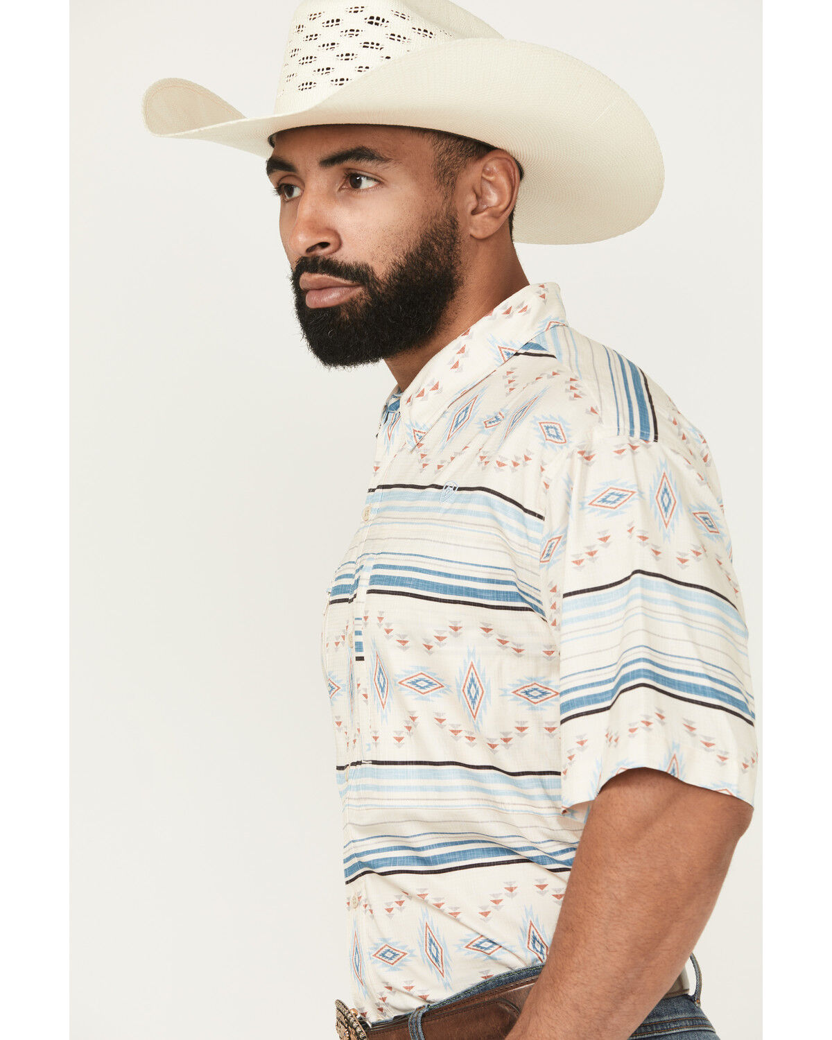 Image #2 - Ariat Men's VenTek Southwestern Striped Short Sleeve Button-Down Western Shirt, Tan, hi-res