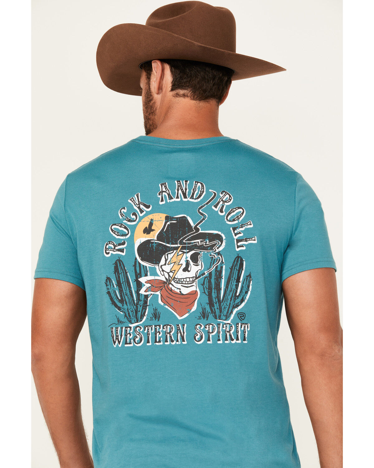 Image #1 - Rock & Roll Denim Men's Cowboy Skull Short Sleeve Graphic T-Shirt, Teal, hi-res
