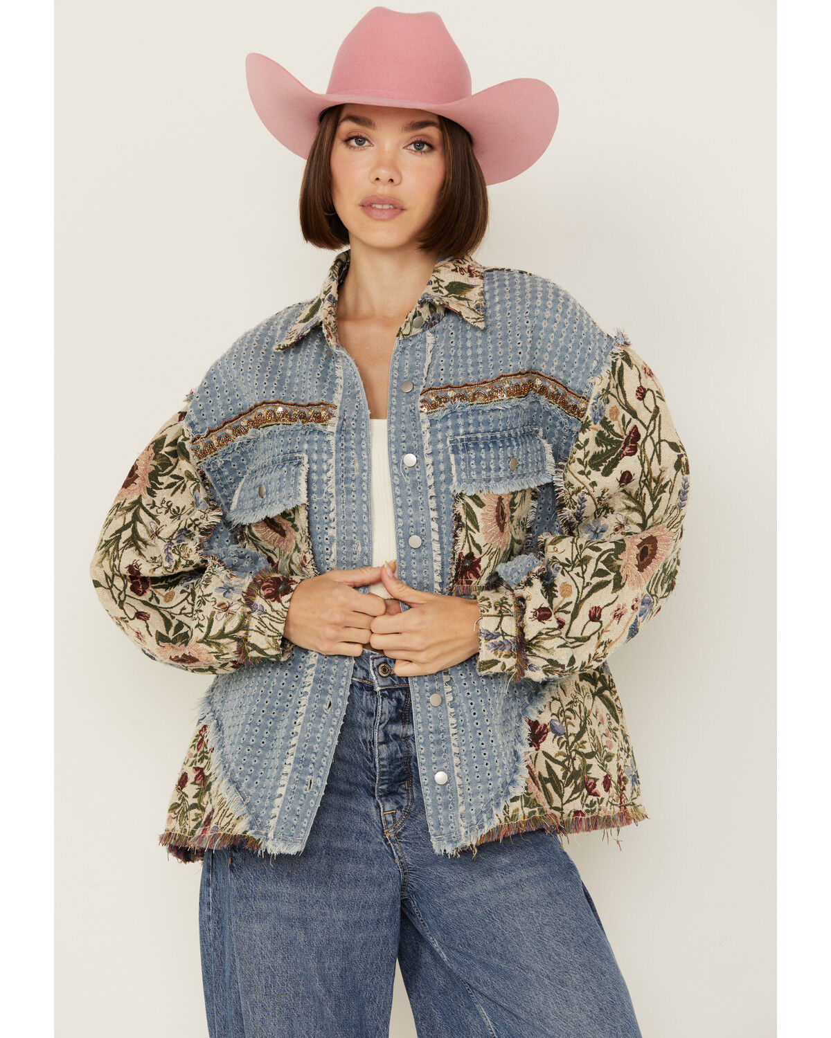 Image #1 - POL Women's Floral Denim Shacket, , hi-res