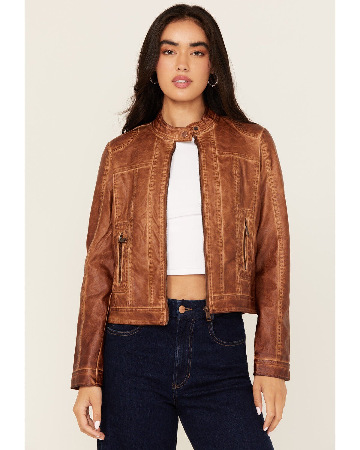 26 International Women's Faux Leather Jacket, Brown, hi-res