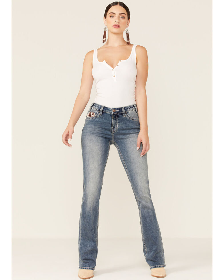 Rock & Roll Denim Women's Medium Vintage Wash Cowhide Pocket Riding Bootcut Jeans , Blue, hi-res
