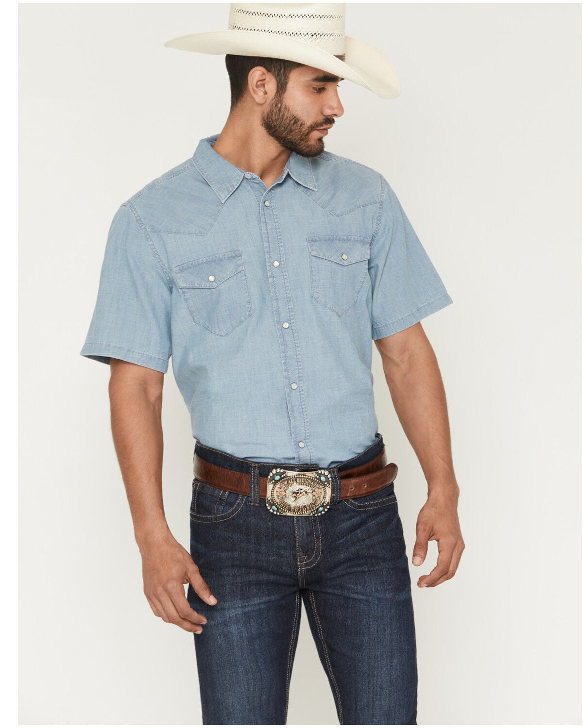 Image #1 - Cody James Men's Horizon Chambray Light Wash Short Sleeve Snap Western Shirt - Tall, Light Wash, hi-res