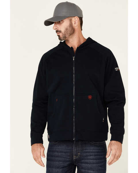 Ariat Men's FR Primo Fleece Alloy Flag Graphic Zip-Front Hooded Work Jacket , Navy, hi-res