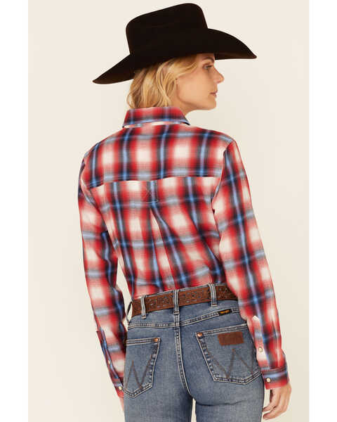 Image #4 - Rock & Roll Denim Women's Plaid Print Long Sleeve Snap Western Boyfriend Shirt , Red, hi-res