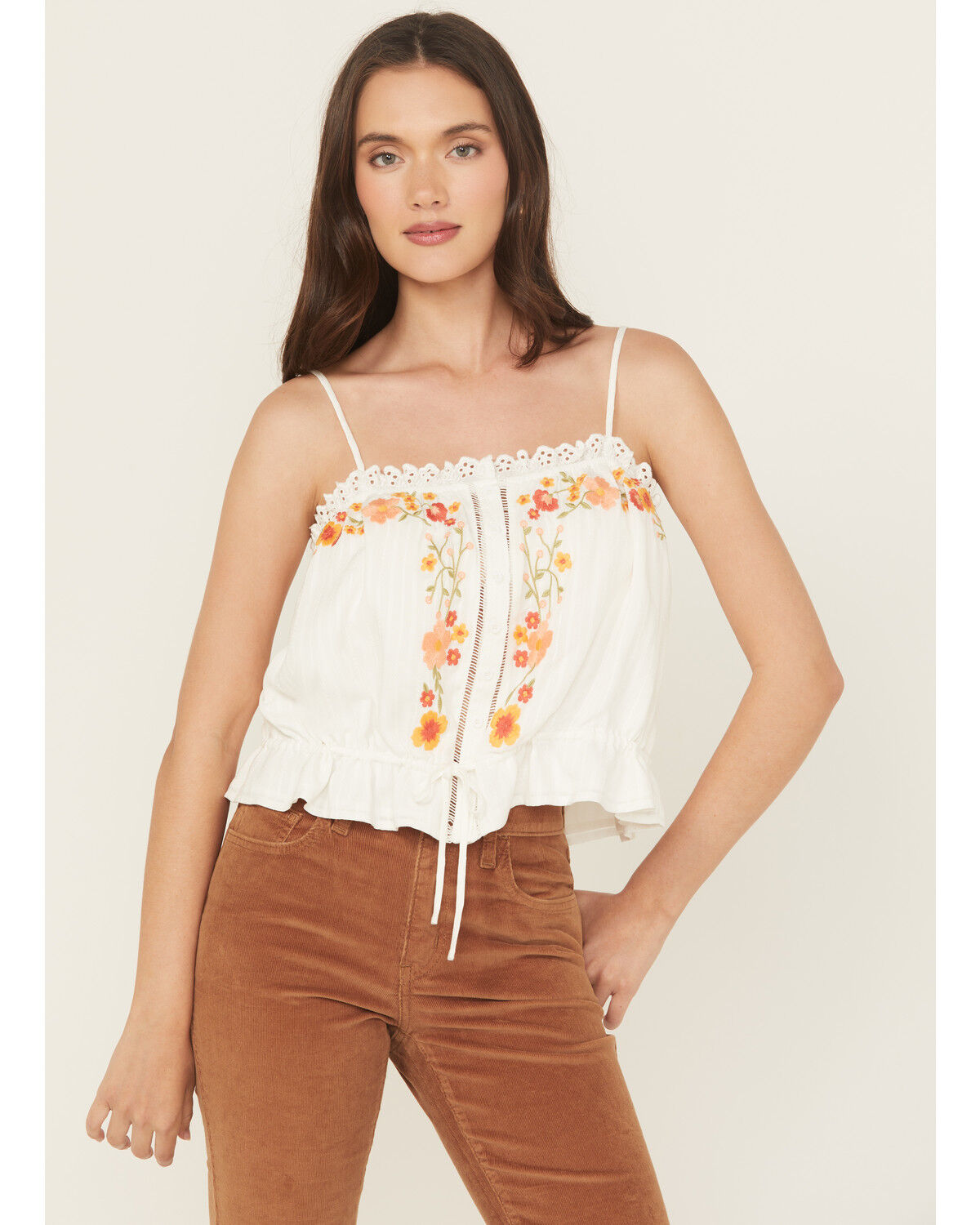 Image #1 - Miss Me Women's Floral Embroidered Cropped Tank Top, White, hi-res