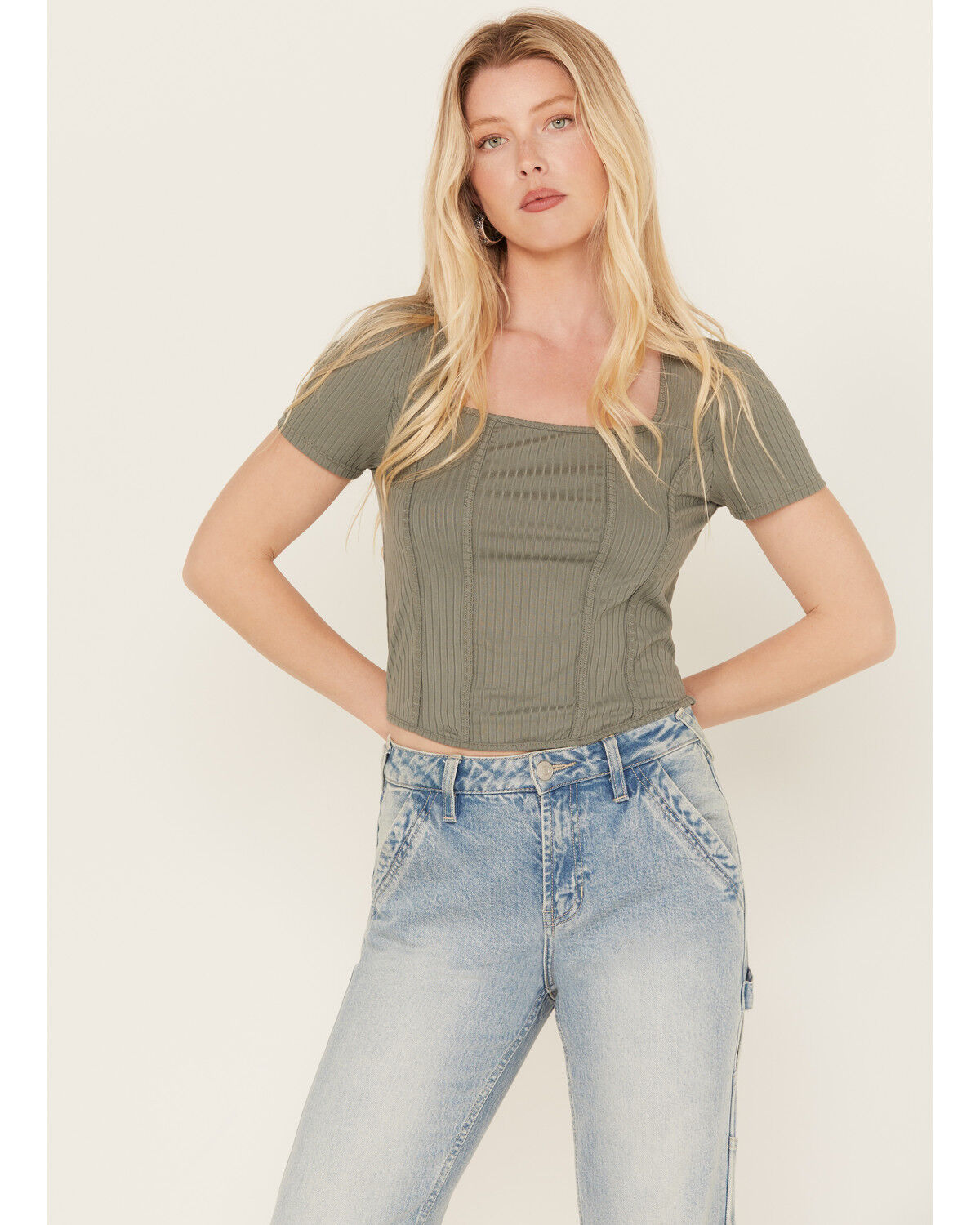 Image #1 - Moa Moa Women's Ribbed Corset Style Short Sleeve Top, Sage, hi-res