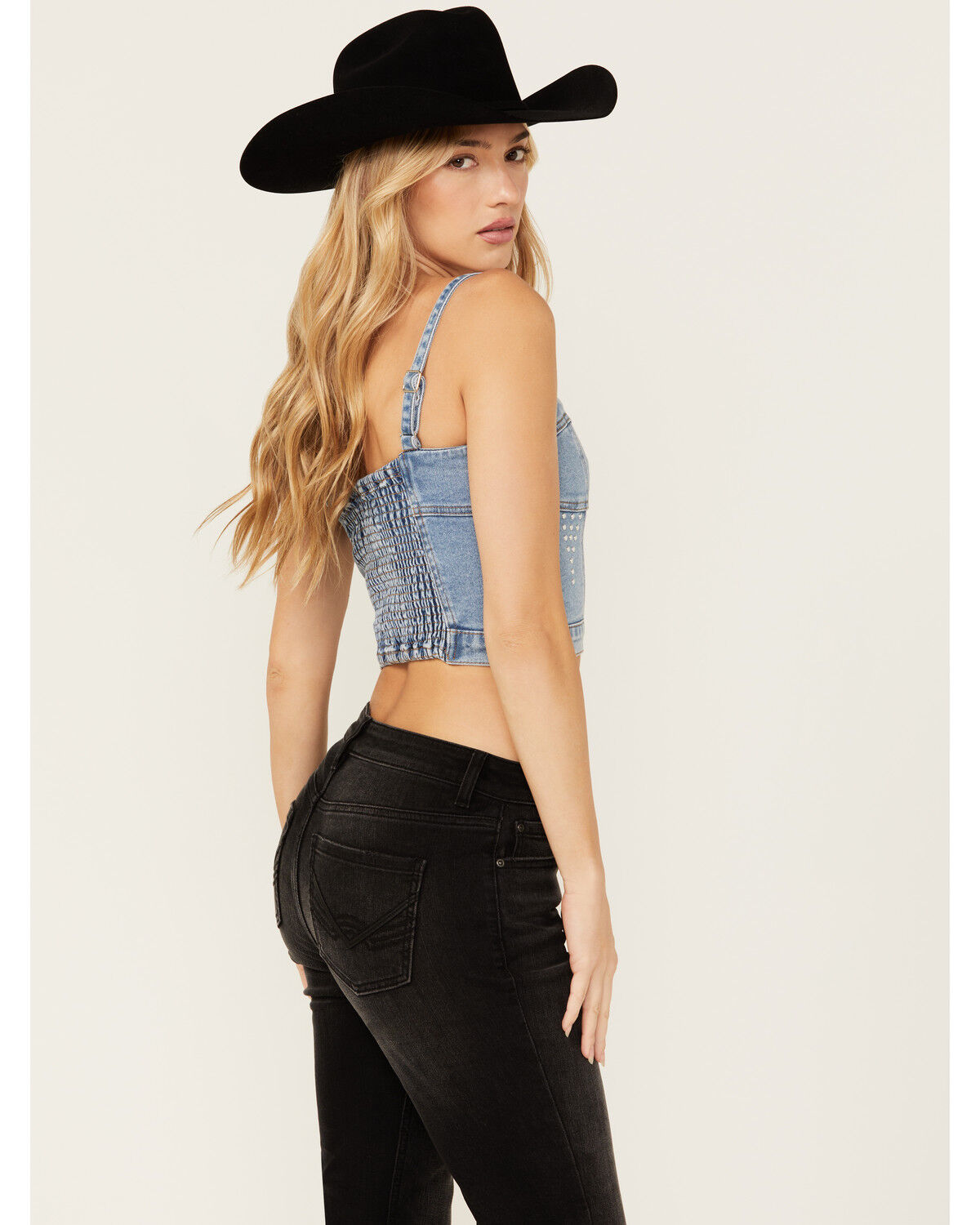 Image #2 - Vibrant Denim Women's Medium Wash Button Front Studded Corset Top, Medium Wash, hi-res