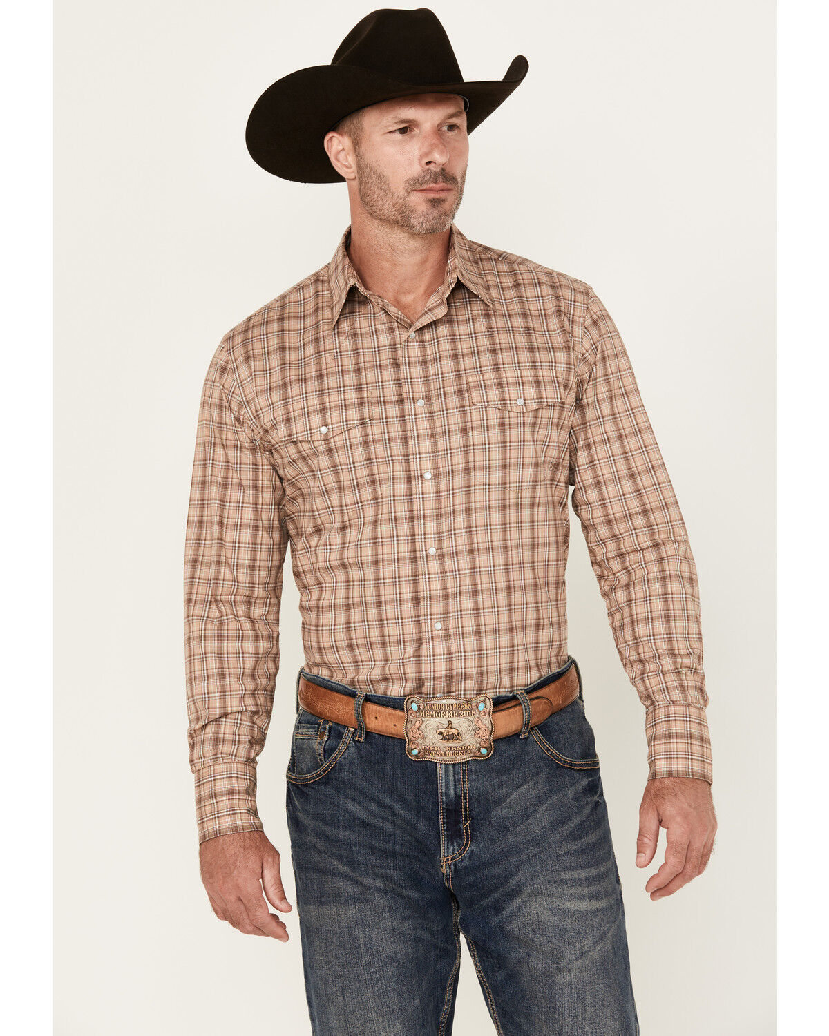 Image #1 - Wrangler Men's Wrinkle Resistant Plaid Print Long Sleeve Snap Stretch Western Shirt, Brown, hi-res