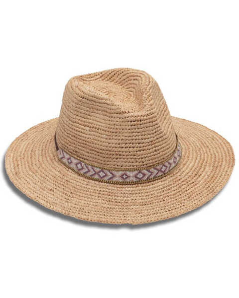 Nikki Beach Women's Hailey Natural Raffia Straw Western Fedora Hat , Natural, hi-res