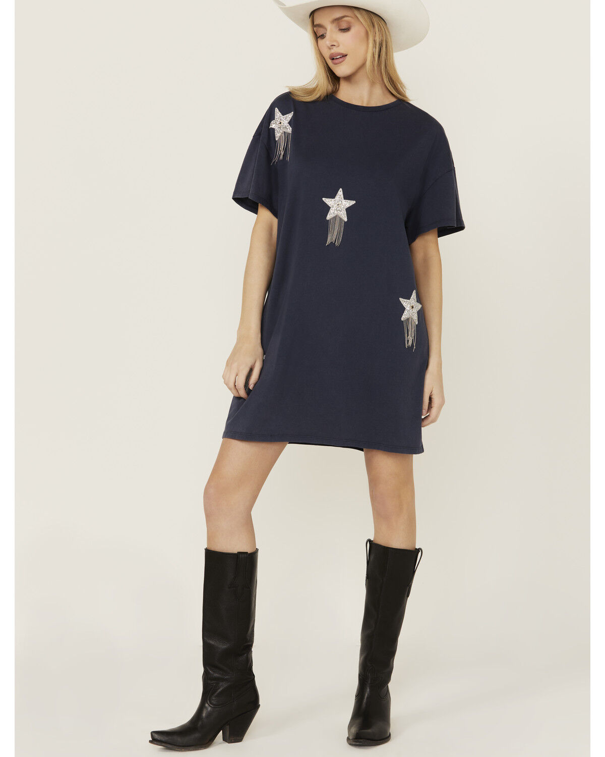 Image #1 - Rock & Roll Denim Women's Sequins Star Short Sleeve T-Shirt Mini Dress, Blue, hi-res