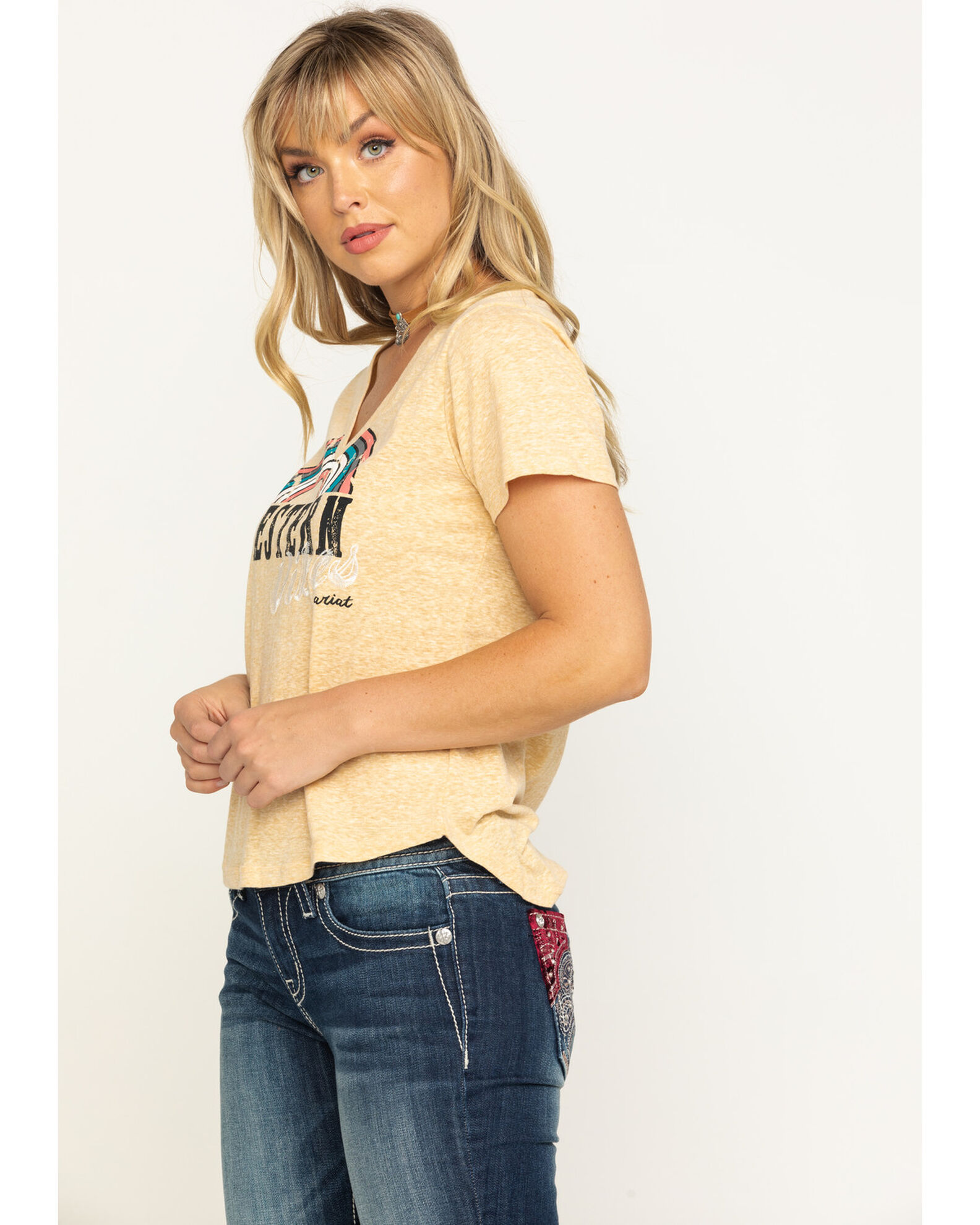 Image #3 - Ariat Women's Mustard Western Vibes V-Neck Graphic Tee, Dark Yellow, hi-res