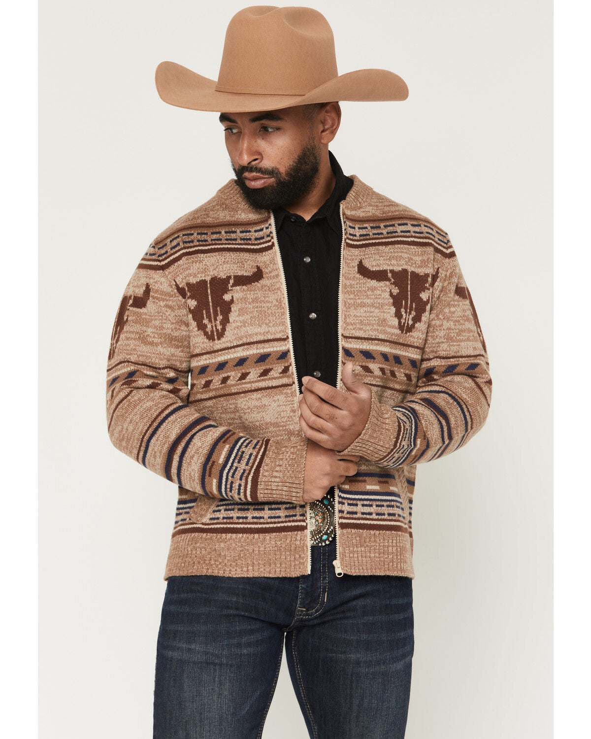 Cotton & Rye Men's Novelty Steerhead Zip-Up Sweater, Tan, hi-res