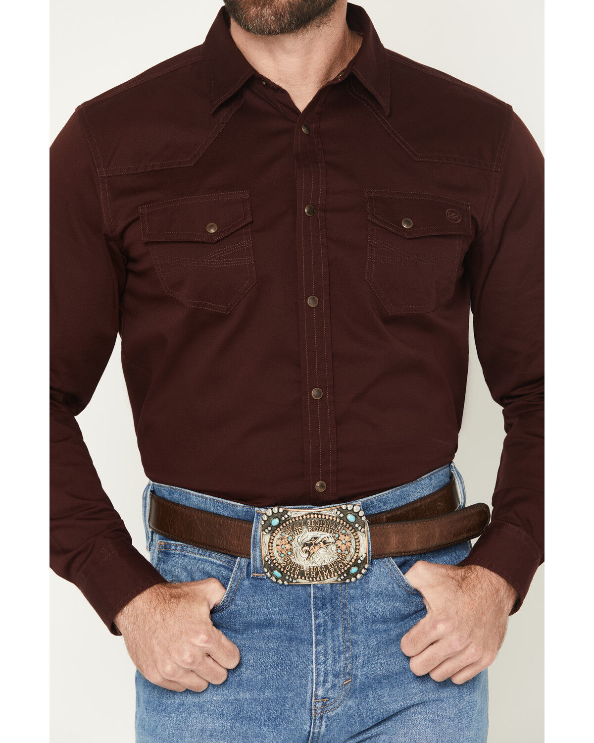 Image #3 - Blue Ranchwear Men's Ranch Life Solid Long Sleeve Snap Stretch Western Shirt, Burgundy, hi-res
