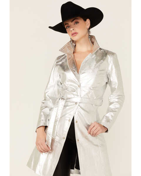 Image #5 - Understated Leather Women's Silver Metallic Moondust Trench Coat, Silver, hi-res