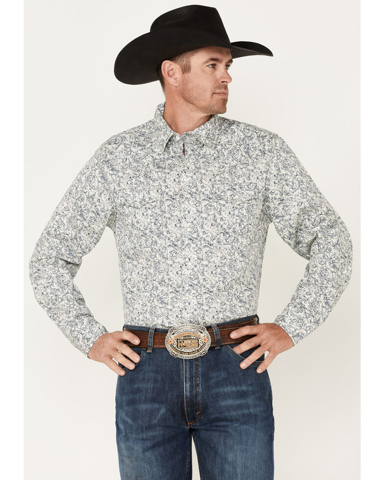 Wrangler Retro Premium Men's Paisley Print Long Sleeve Snap Western Shirt , Navy, hi-res