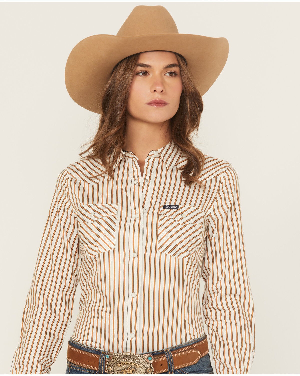 Image #1 - Wrangler Retro Women's Vertical Striped Long Sleeve Snap Western Shirt, Brown, hi-res