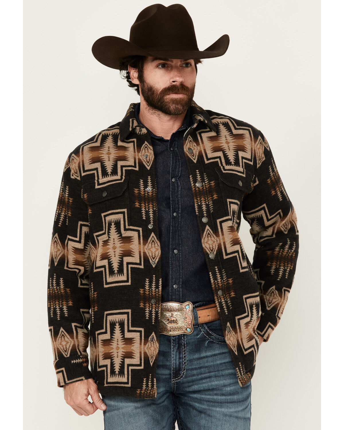 Image #1 - Pendleton Men's Bay City Multicolored Print Snap Sherpa Lined Jacket, Navy, hi-res