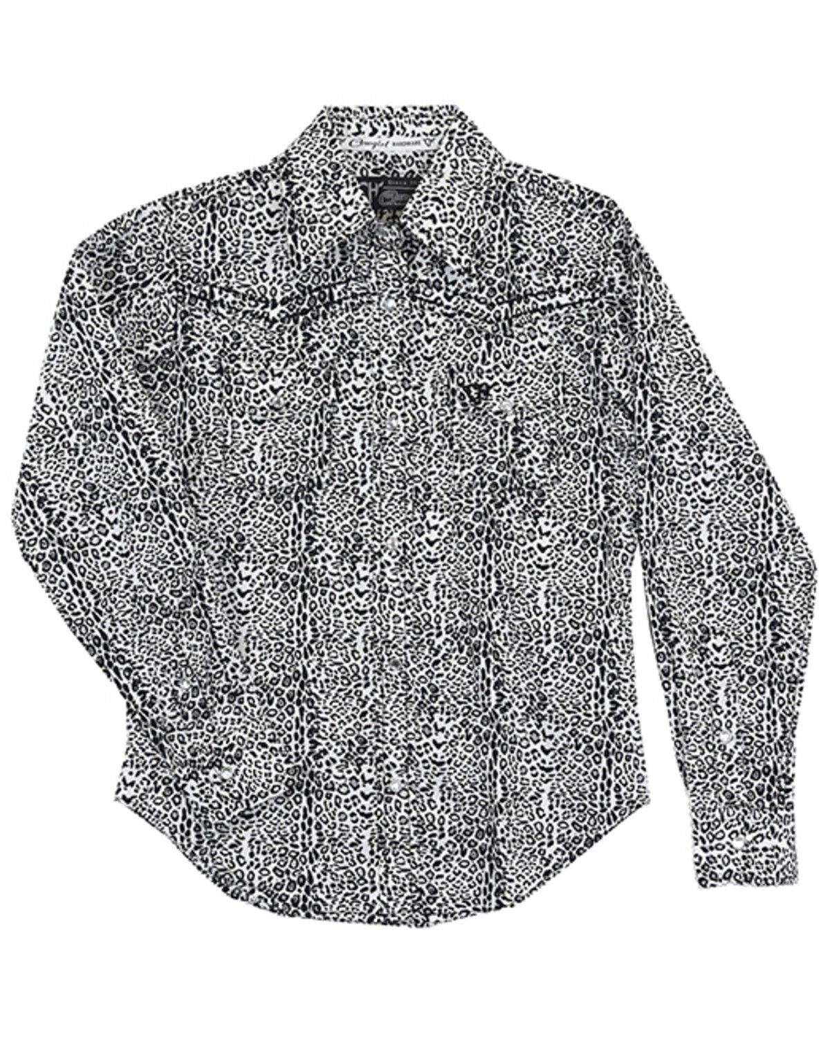 Image #1 - Cowgirl Hardware Toddler Girls' Mini Leopard Print Long Sleeve Western Pearl Snap Shirt, White, hi-res