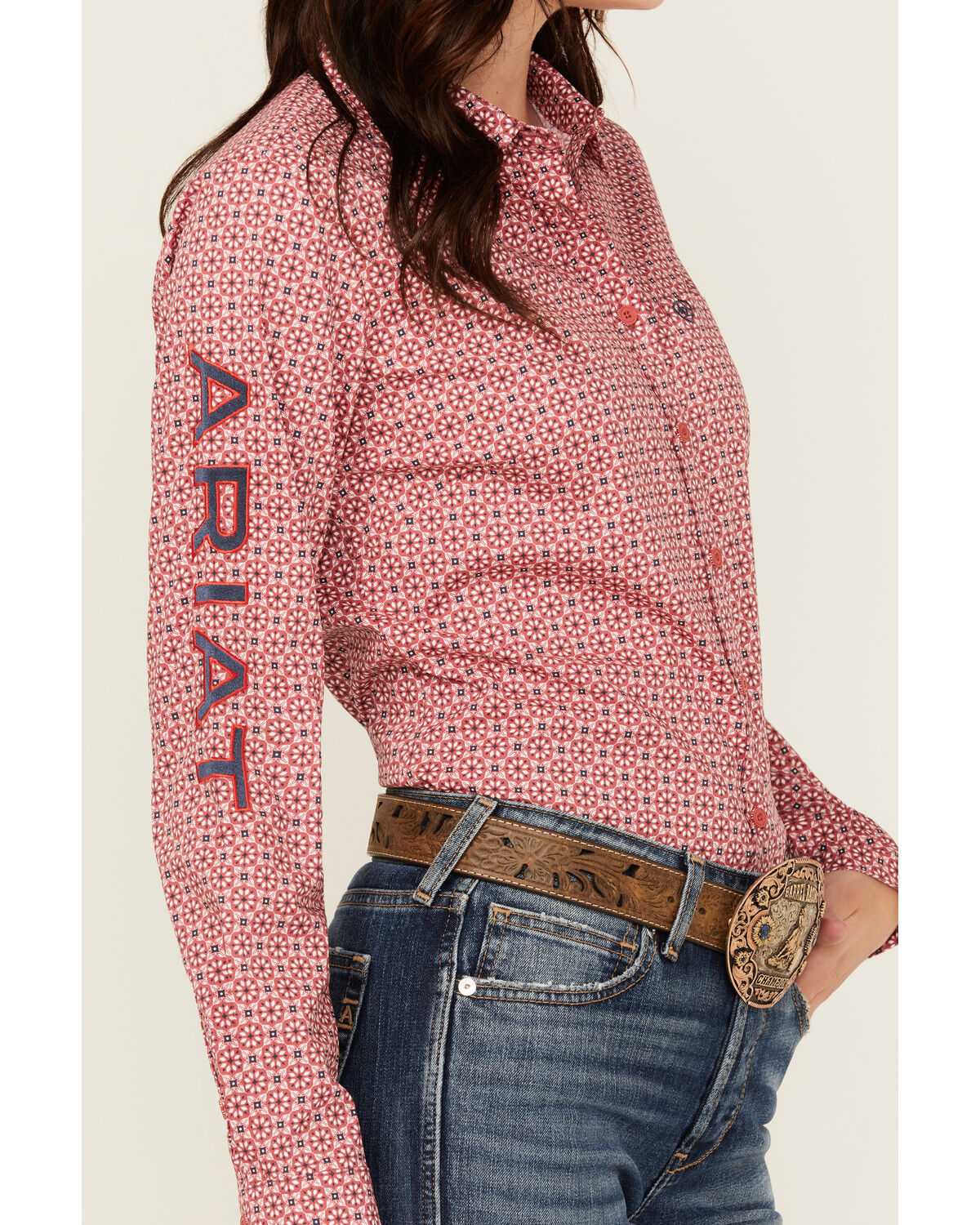 Image #3 - Ariat Women's Boot Barn Exclusive Team Kirby Medallion Print Long Sleeve Button-Down Stretch Western Shirt, Rose, hi-res