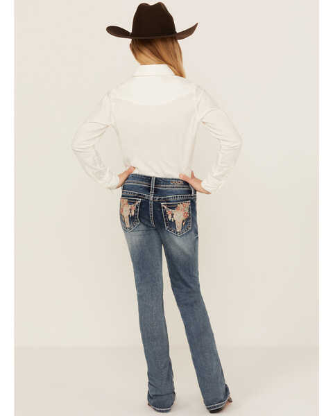 Image #3 - Grace in LA Girls' Medium Wash Mid Rise Floral Steer Head Pocket Bootcut Jeans, , hi-res