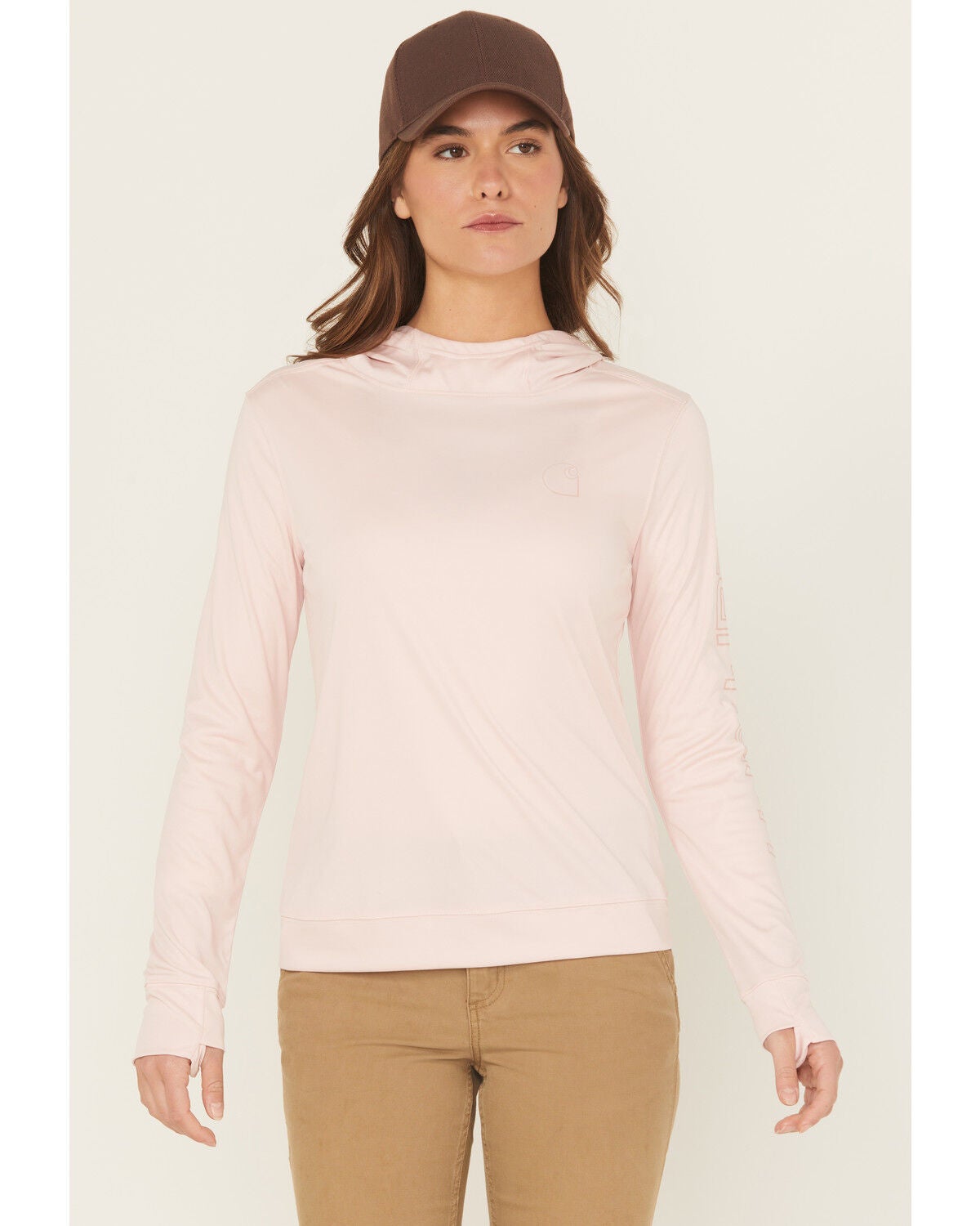 Carhartt Women's Force Sun Defender&trade; Relaxed Fit Lightweight Long Sleeve Hooded Graphic Work Shirt, Rose, hi-res