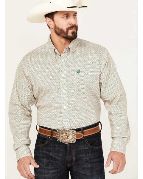Image #1 - Cinch Men's Geo Print Stretch Long Sleeve Button-Down Western Shirt, White, hi-res
