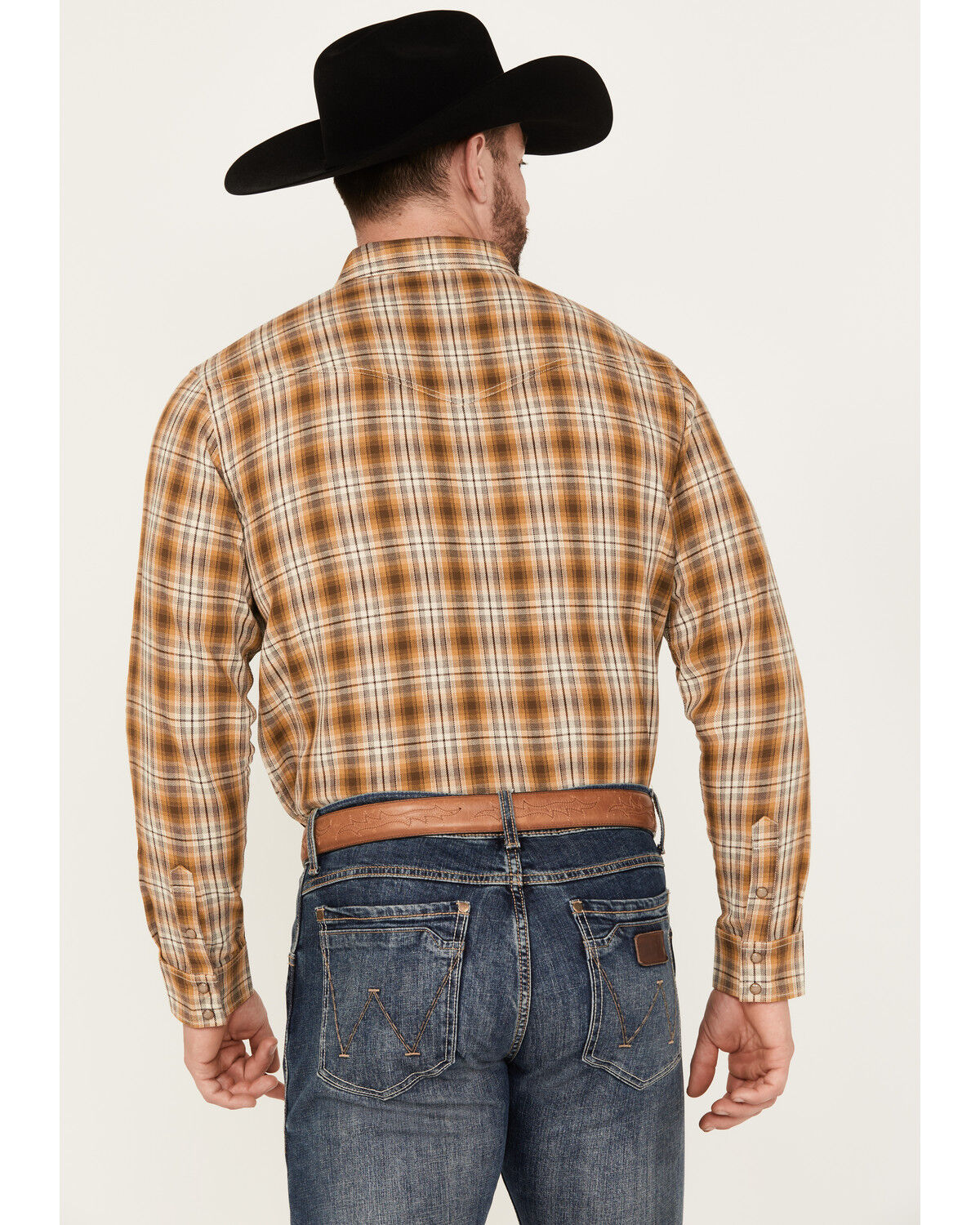 Image #4 - Blue Ranchwear Men's Tustin Plaid Print Long Sleeve Snap Work Shirt, Camel, hi-res