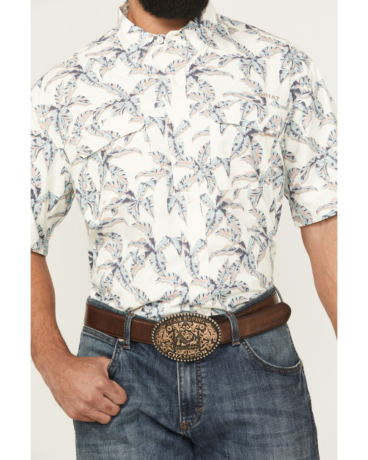 Image #3 - Ariat Men's VentTEK Outbound Palm Tree Print Short Sleeve Button-Down Western Shirt, Tan, hi-res