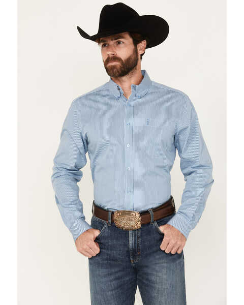 Cinch Men's Striped Long Sleeve Button-Down Western Shirt, Blue, hi-res