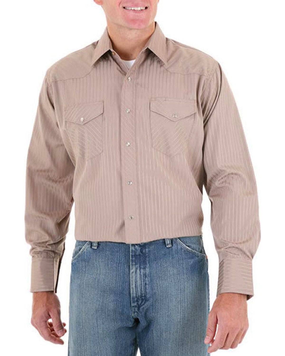 Image #1 - Wrangler Men's Sport Dobby Stripe Long Sleeve Snap Western Shirt, Beige/khaki, hi-res