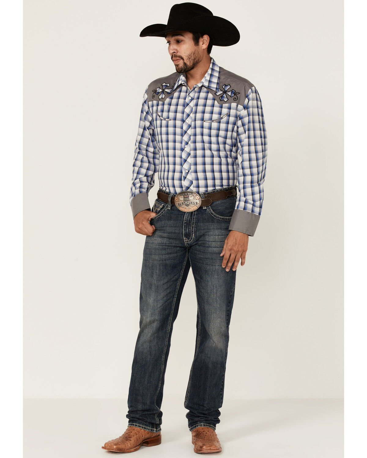 Image #2 - Roper Men's Checkered Embroidered Plaid Print Long Sleeve Pearl Snap Western Shirt, Blue, hi-res