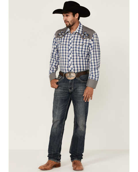 Image #2 - Roper Men's Checkered Embroidered Plaid Print Long Sleeve Pearl Snap Western Shirt , Blue, hi-res