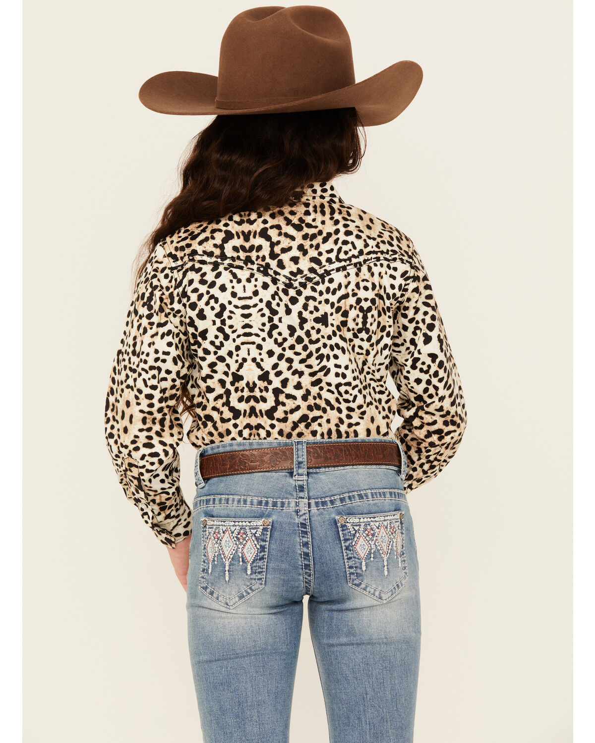 Image #4 - Cowgirl Hardware Girls' Leopard Print Long Sleeve Snap Western Shirt, Natural, hi-res
