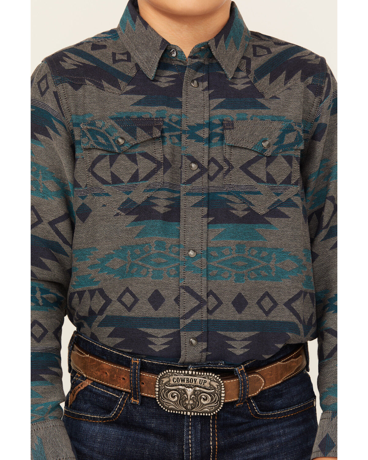 Image #3 - Cody James Boys' Julian Southwestern Print Long Sleeve Snap Western Shirt, Grey, hi-res