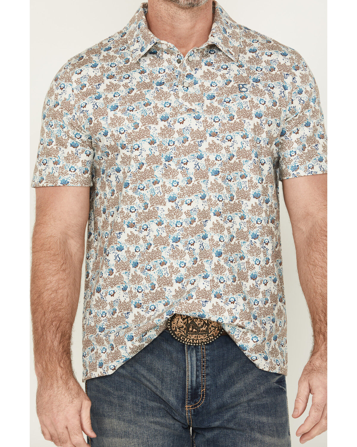Image #3 - Panhandle Men's Cactus Print Short Sleeve Snap Performance Polo, Natural, hi-res