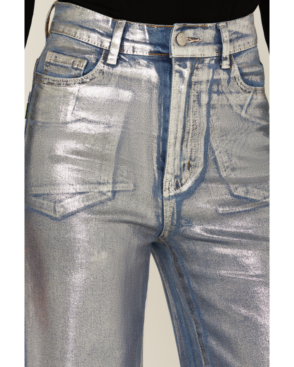 Image #2 - Vibrant Denim Women's Medium Wash Metallic Wide Leg Denim Jeans, Medium Wash, hi-res