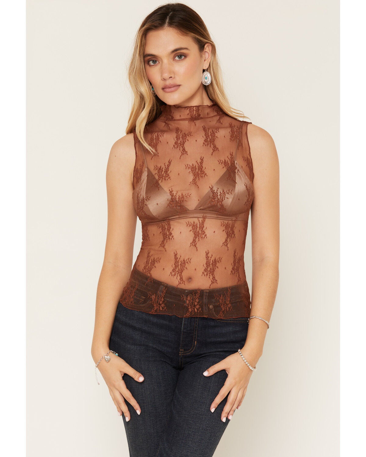 By Together Women's Lace Sleeveless Tank Top, Brown, hi-res