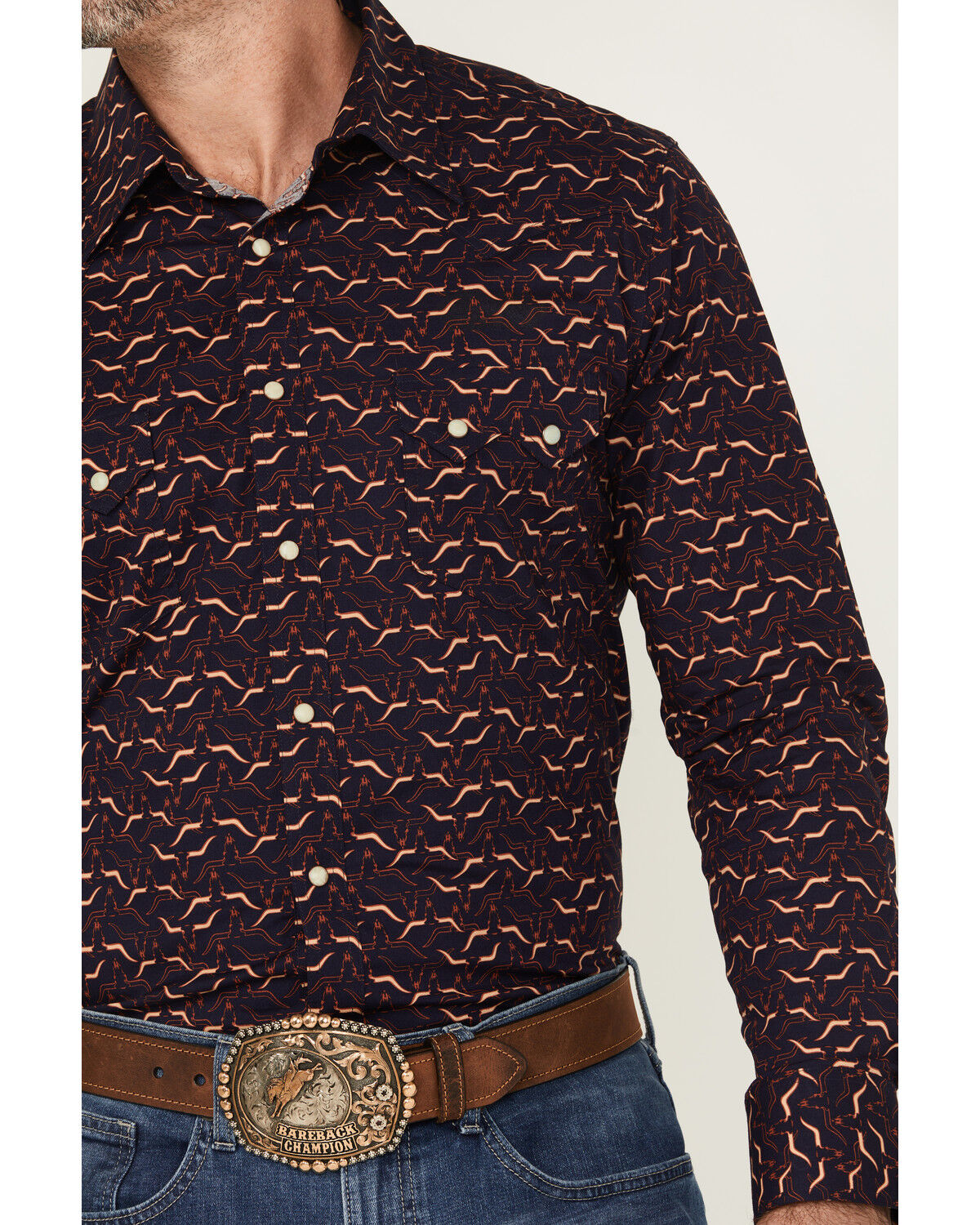 Image #3 - Rock & Roll Denim Men's Longhorn Print Long Sleeve Snap Stretch Western Shirt, Burgundy, hi-res