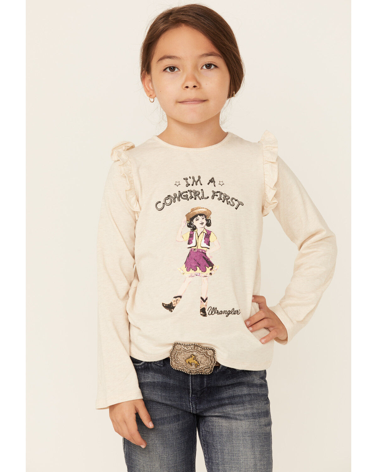 Image #1 - Wrangler Girls' Cowgirl First Long Sleeve T-Shirt, Oatmeal, hi-res
