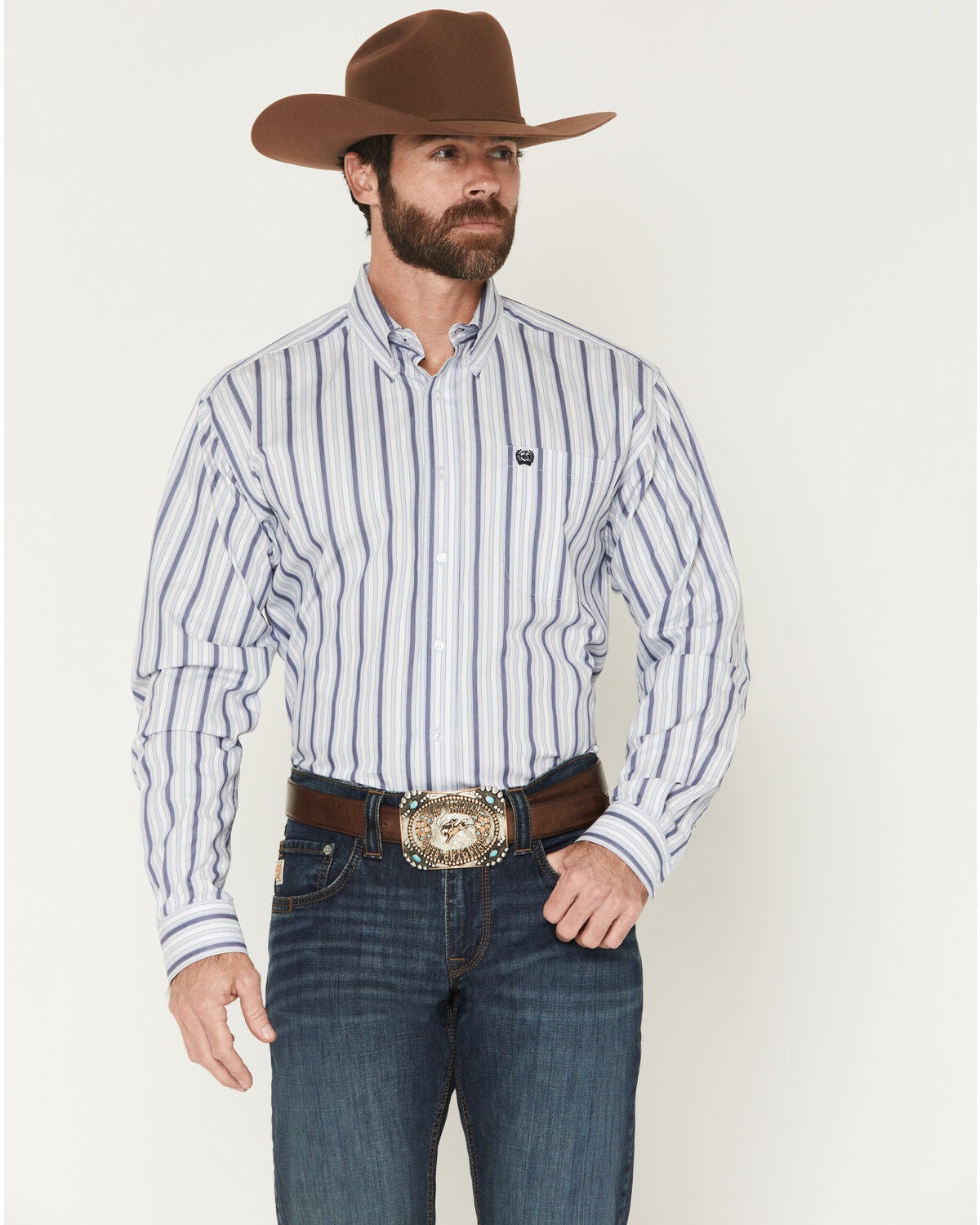 Image #1 - Cinch Men's Vertical Striped Long Sleeve Button-Down Western Shirt, Light Blue, hi-res