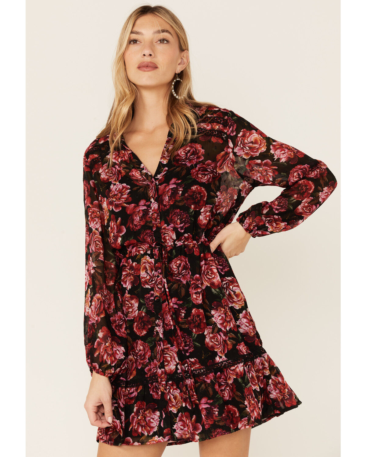Image #4 - Lovestitch Women's Magenta Floral Floral Lace Trim Mini Dress, Magenta, hi-res