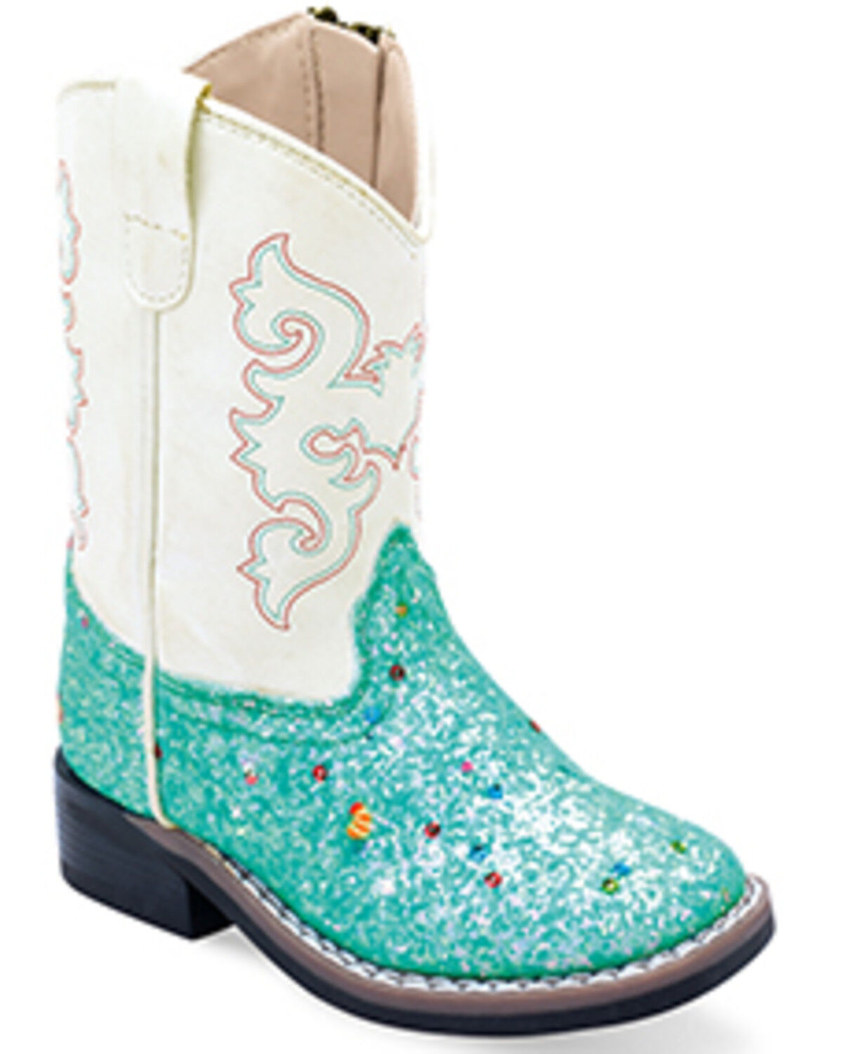 Image #1 - Old West Toddler Girls' Glitter Western Boots - Broad Square Toe, White, hi-res