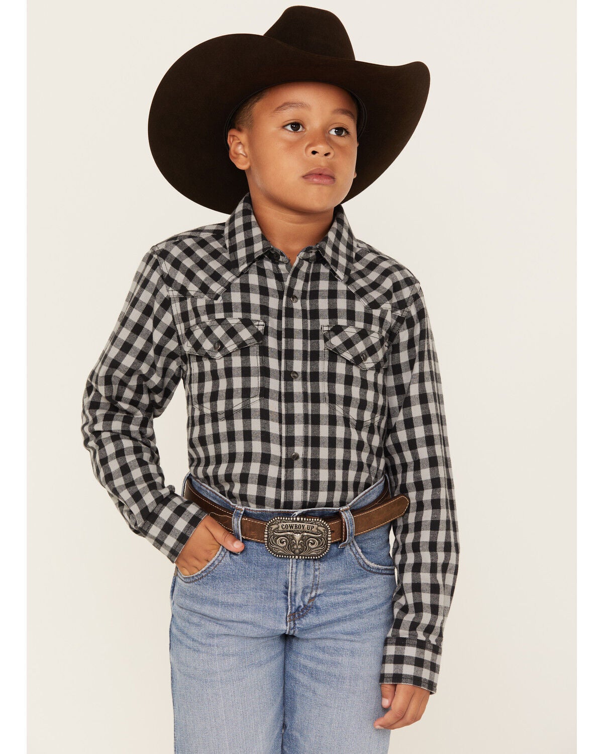 Cody James Boys' Gingham Print Long Sleeve Snap Western Flannel Shirt, Blue, hi-res