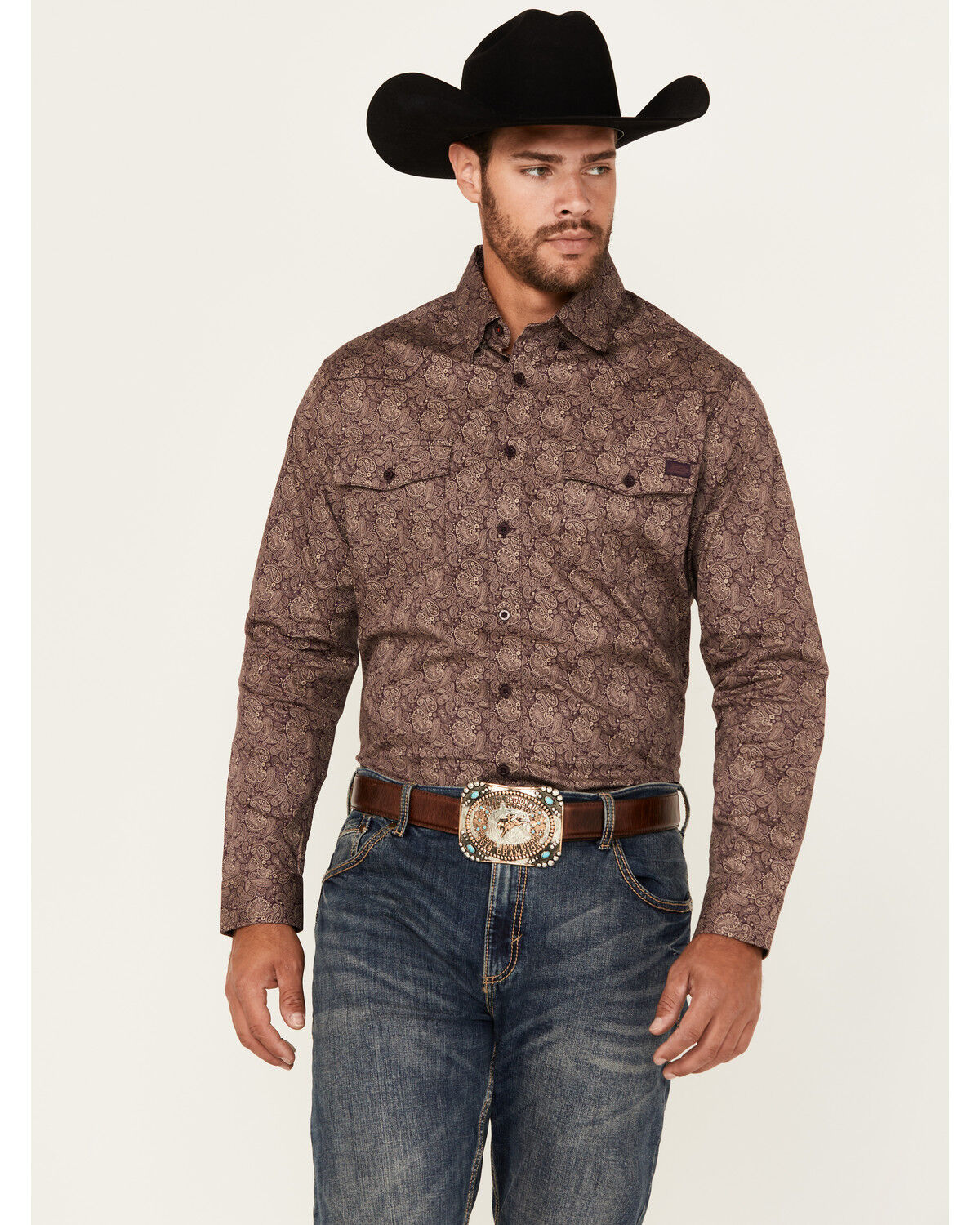 Image #1 - Justin Men's Boot Barn Exclusive Paisley Print Long Sleeve Button-Down Stretch Western Shirt, Purple, hi-res